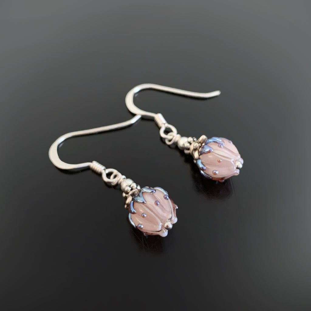 Flower Bud Earrings with pink handmade Ukrainian lampwork glass