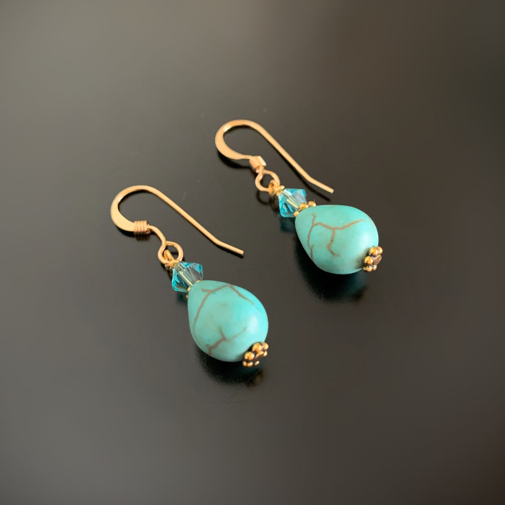 turquoise teardrop earrings with crystal accents on gold