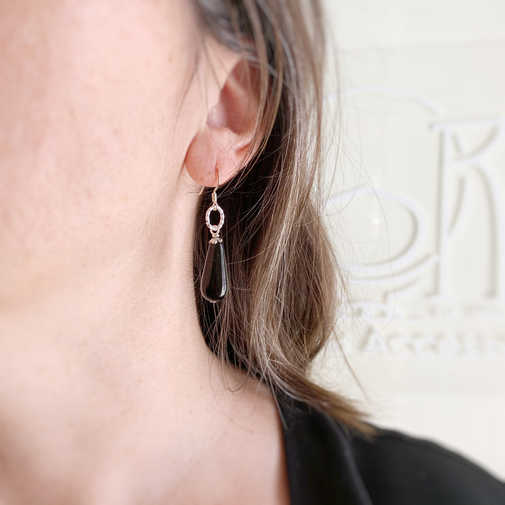 onyx black glass teardrop earrings with silver loop accent and sterling silver earwires
