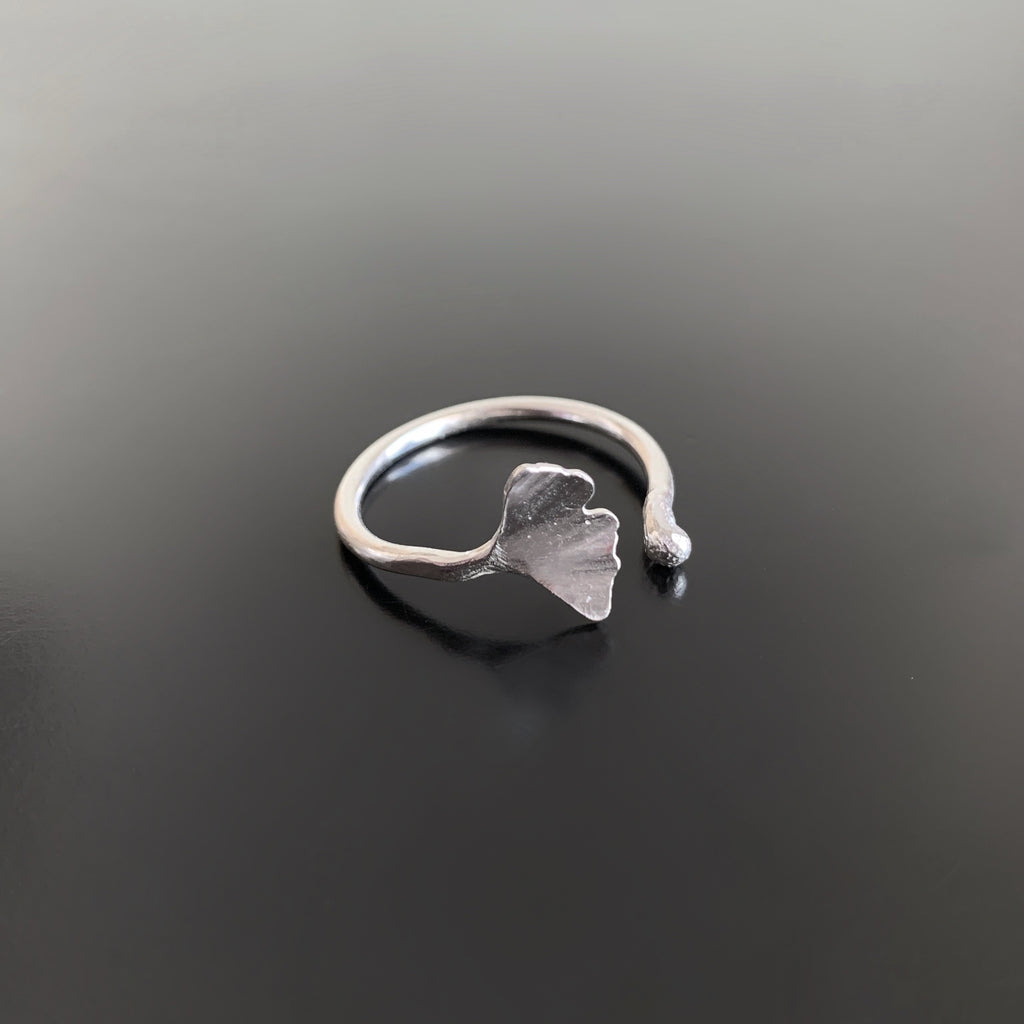 handmade sterling silver adjustable size ring, small ginkgo leaf