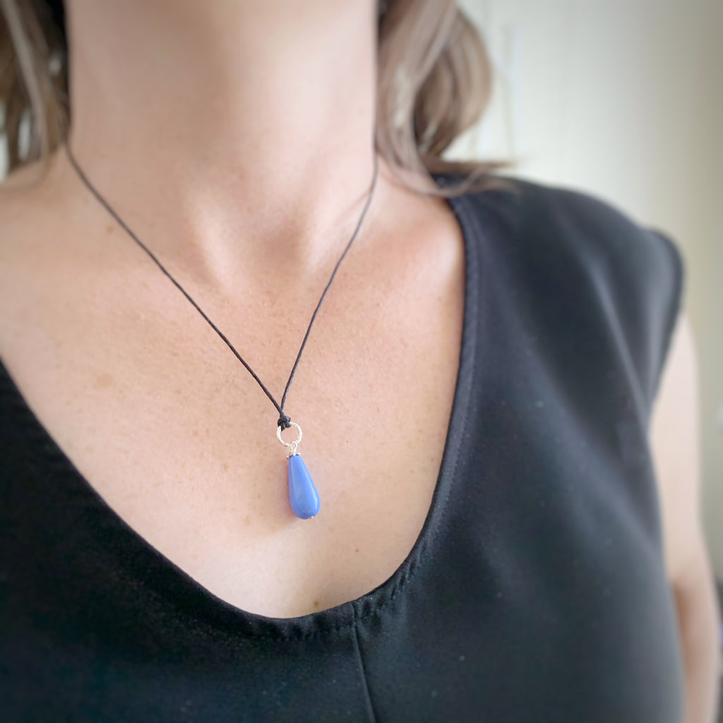 periwinkle blue teardrop necklace with silver twisted loop