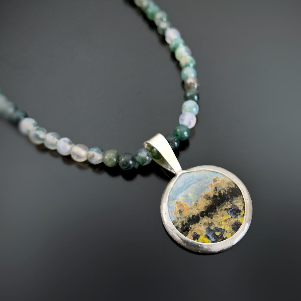 Painted Landscape Pendant, sterling silver and moss agate