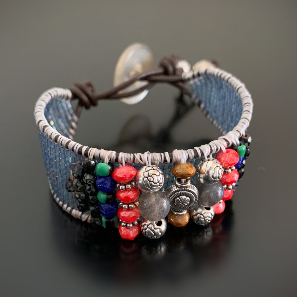Woven Bracelet with Labradorite and Button Clasp