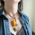 handmade fringe lariate necklace, yellow, green, red