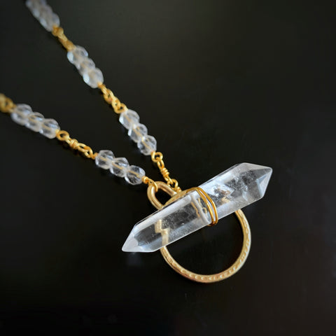 clear quartz crystal point toggle necklace in gold