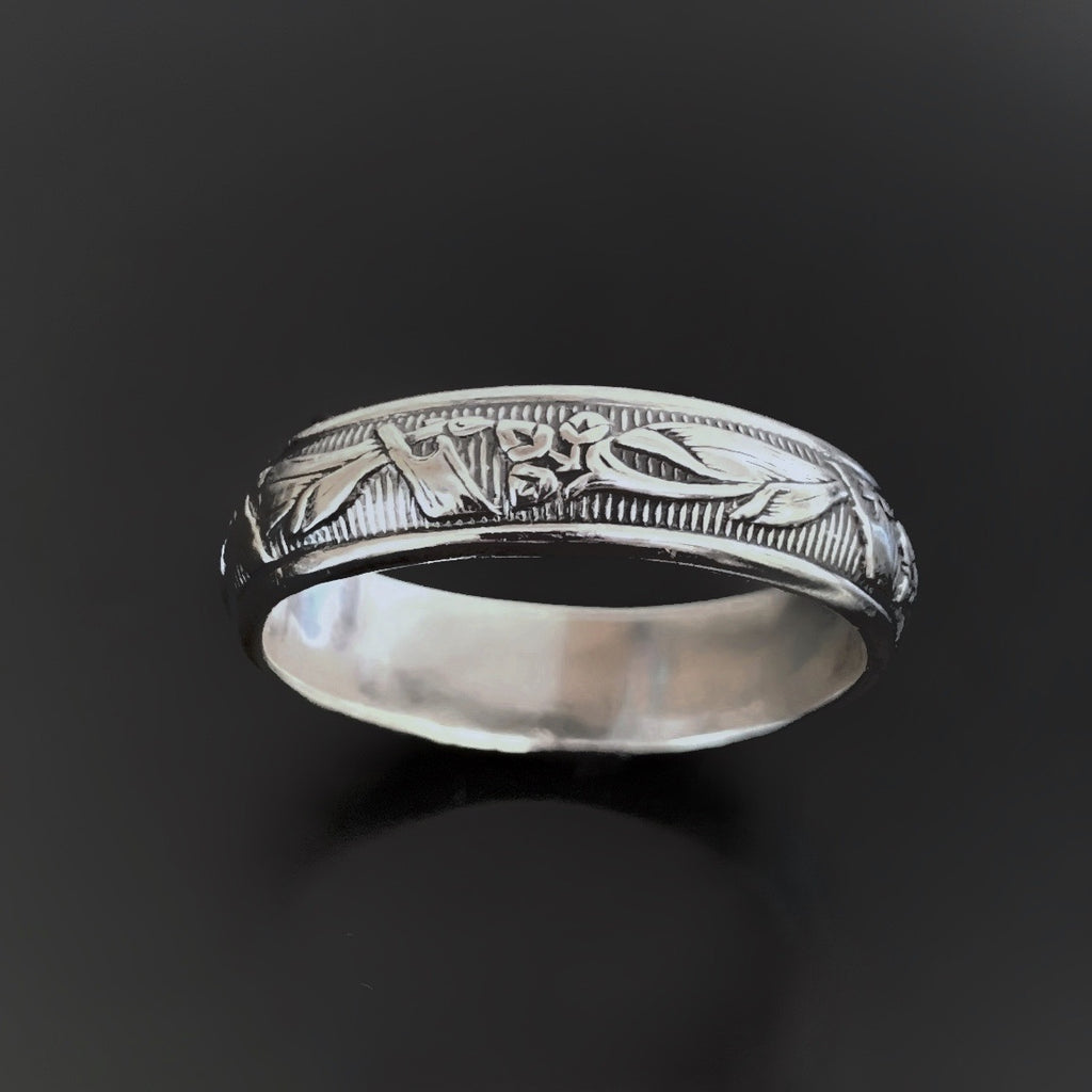 Sterling Silver Art Nouveau Flower Patterned Band Ring