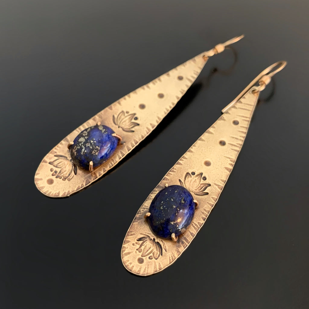 Long Golden Teardrop Earrings with Lapis and Lotus Flower Motif