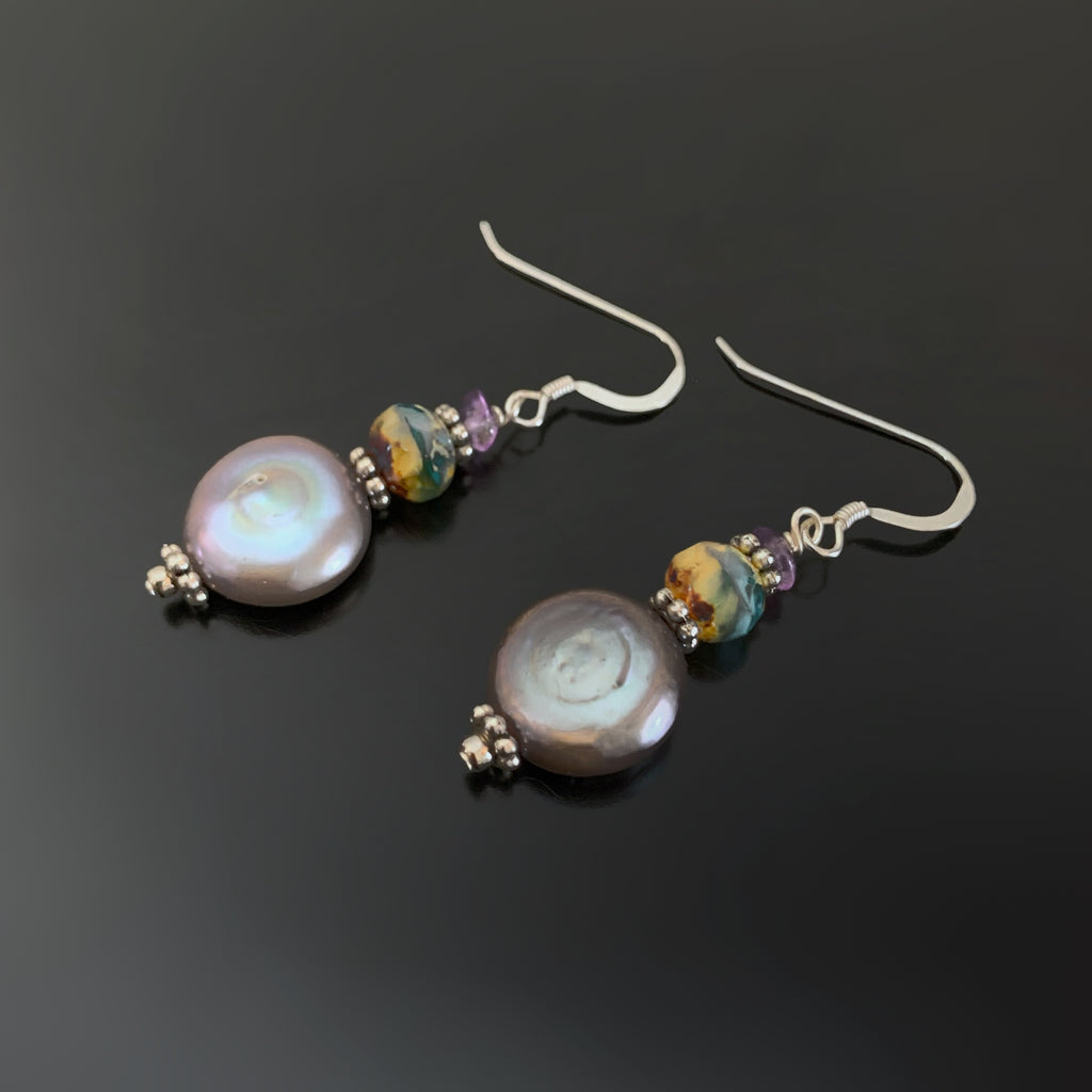 Peacock Freshwater Coin Pearl and glass earrings