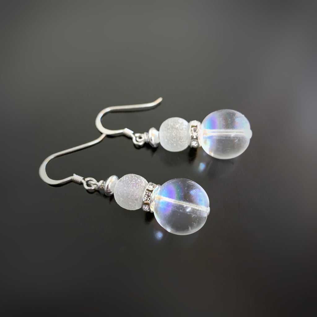 iridescent bubble glass earrings with frosted glass and rhinestone accents