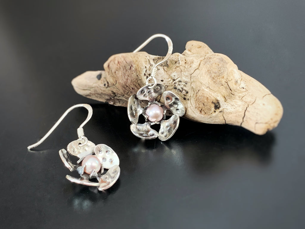 hand made sterling silver cherry blossom earrings.  made in USA
