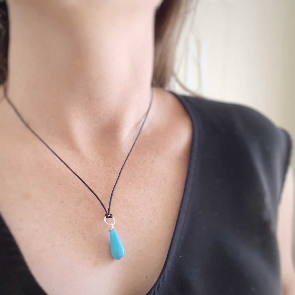 sky blue glass teardrop necklace with silver twist loop