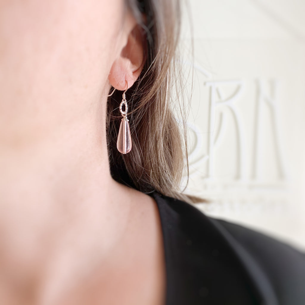 pink glass teardrop earrings with sterling silver ear wires and twisted loop