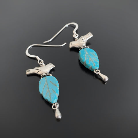 Bird and Turquoise Leaf Earrings