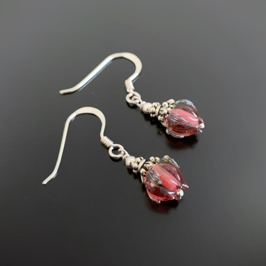 Flower Bud Earrings with berry red handmade Ukrainian lampwork glass