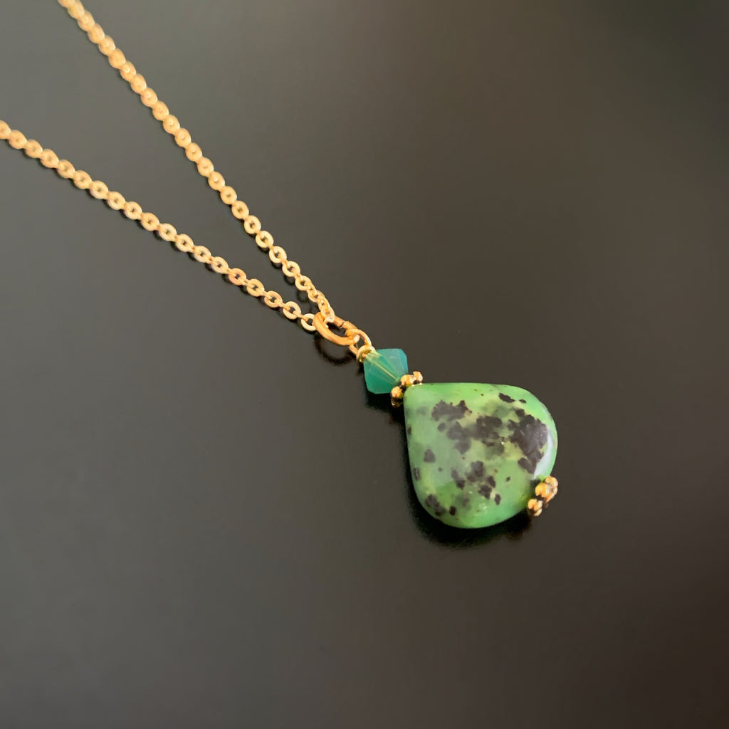green chrysophrase teardrop pendant with crystal accent on gold plated chain