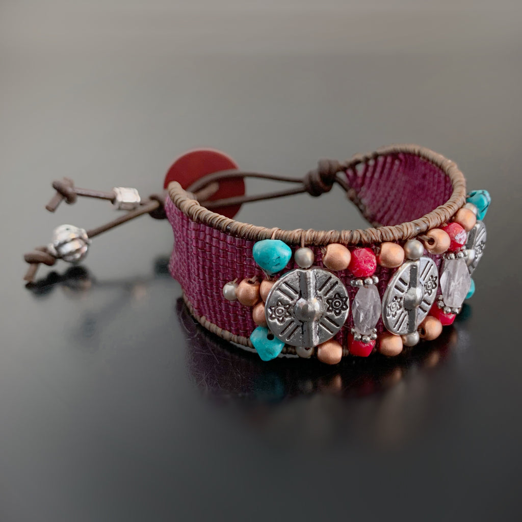 Woven Bracelet with Rose Quartz Turquoise and Striped Button Clasp