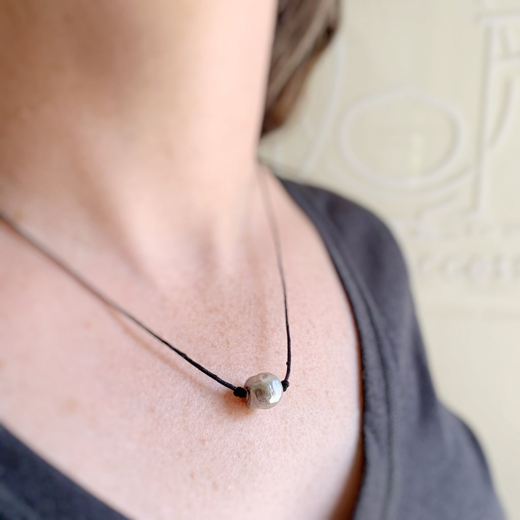 silver gray freshwater pearl on black cord necklace