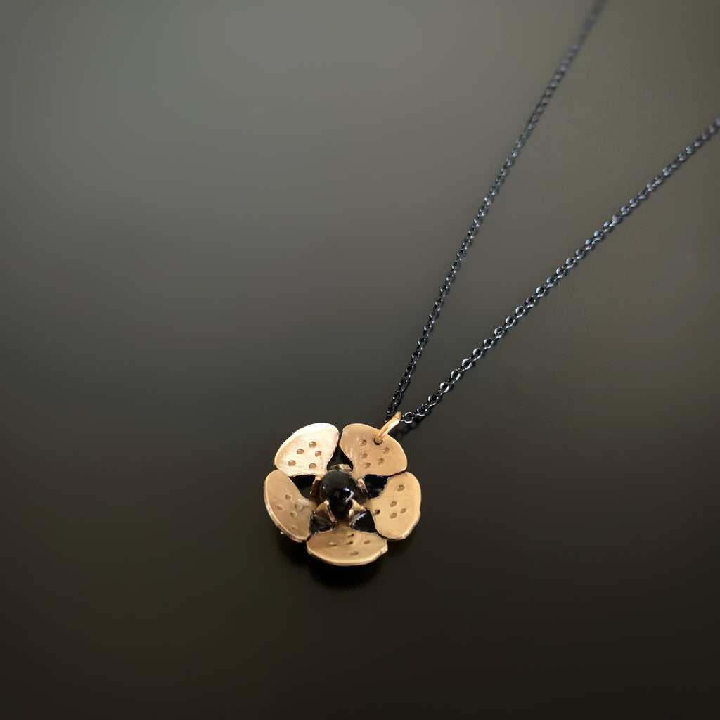 gold brass cherry blossom flower pendant on black chain