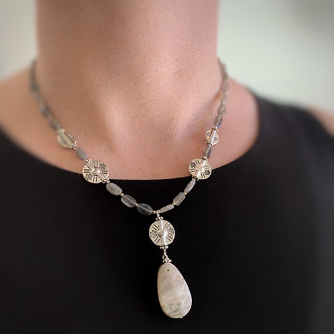 ocean jasper pendant on a labradorite necklace with silver plated southwest style beads