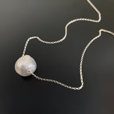 large white baroque freshwater pearl necklace on a sterling silver chain