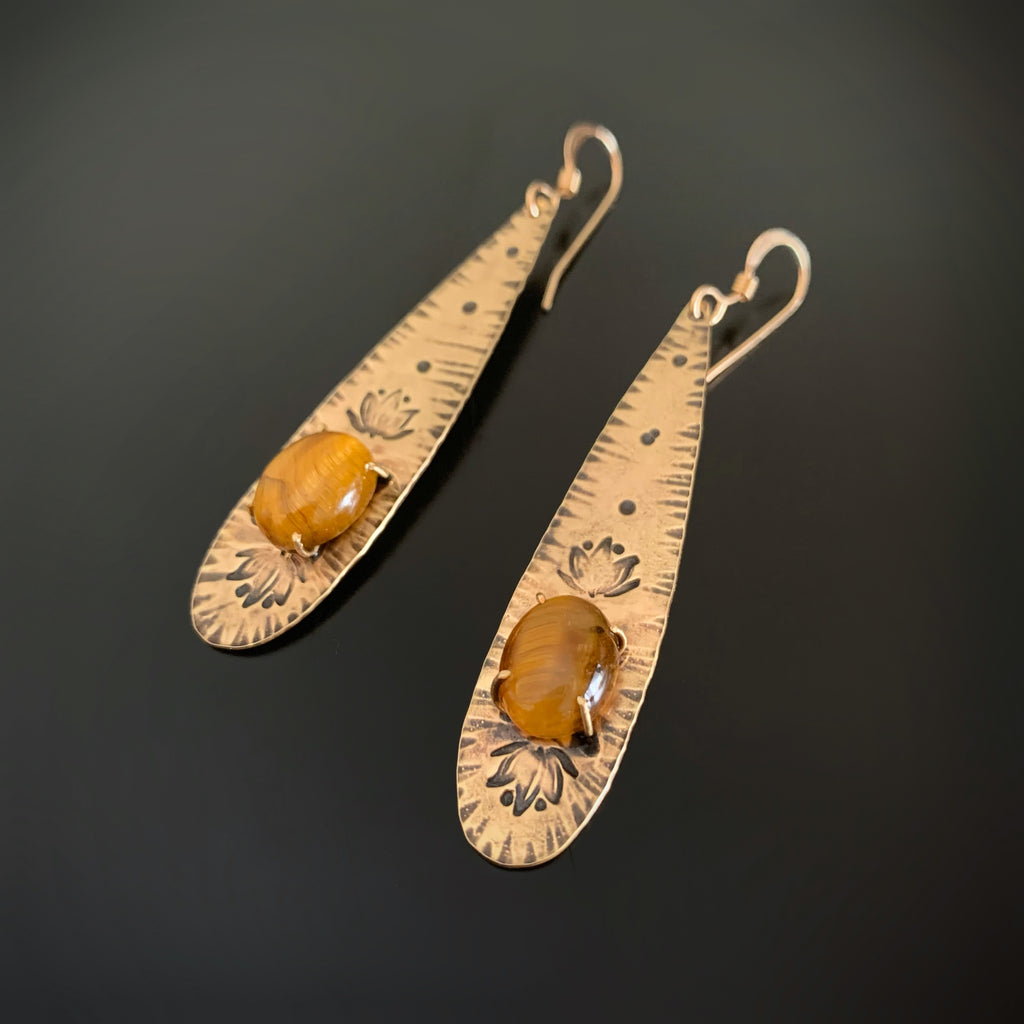 Long Golden Teardrop Earrings with Tigers Eye and Lotus Flower Motif