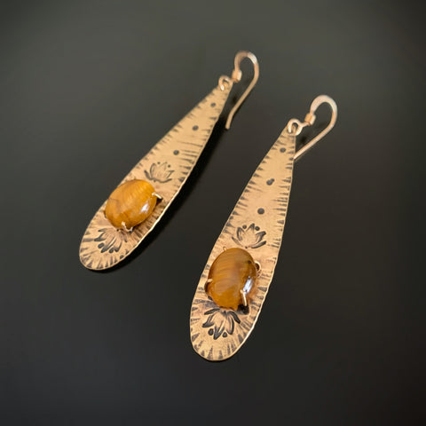 Long Golden Teardrop Earrings with Tigers Eye and Lotus Flower Motif