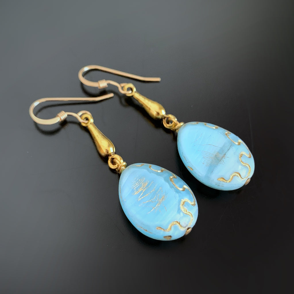 Opaque Sky Blue Rustic Teardrop Earrings