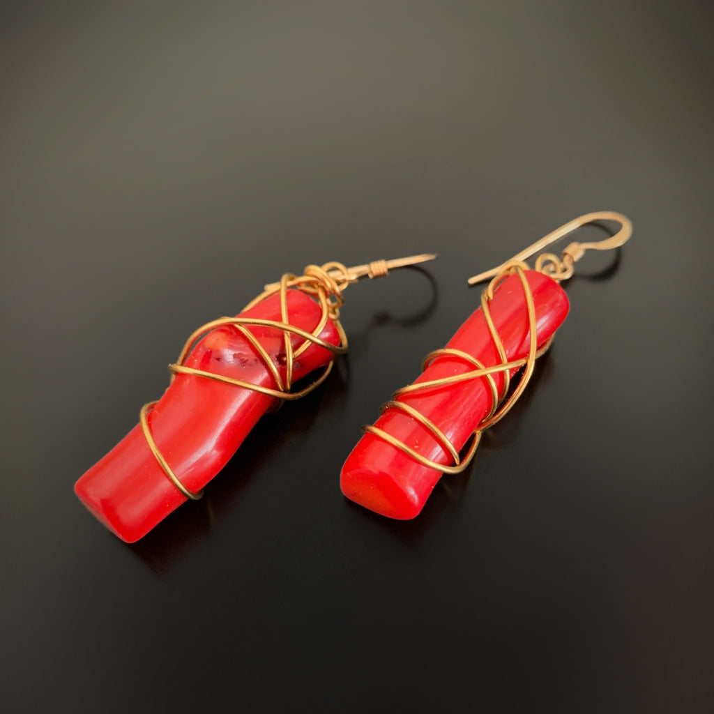 bright red coral earrings wire wrapped in gold