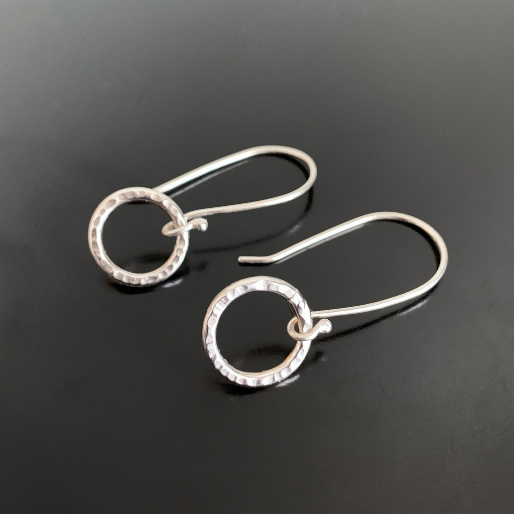 long sterling silver earrings with hammere textured circle drop