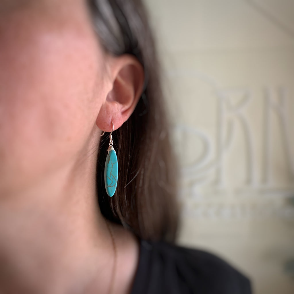 turquoise color marquise shaped drop earring with silver ear wires