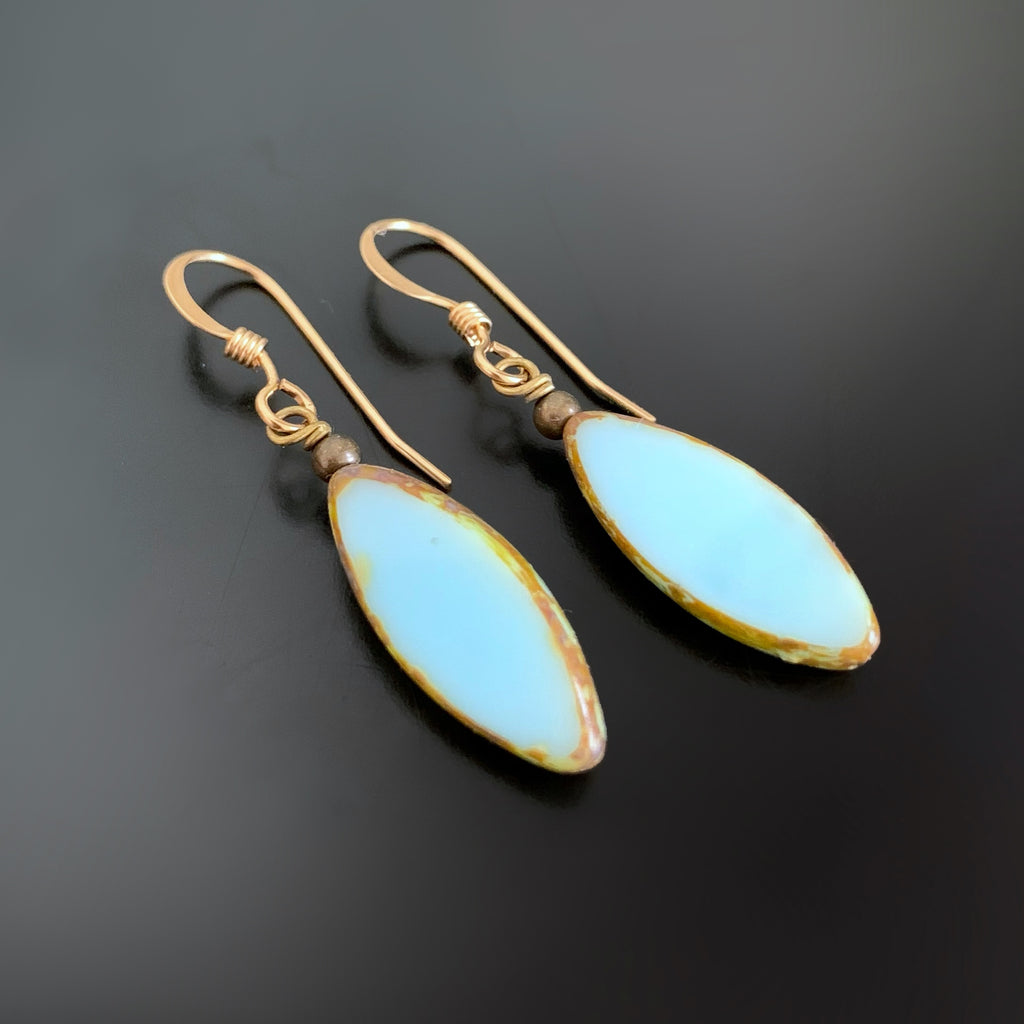 marquis shaped turquoise Czech glass earrings with gold accents