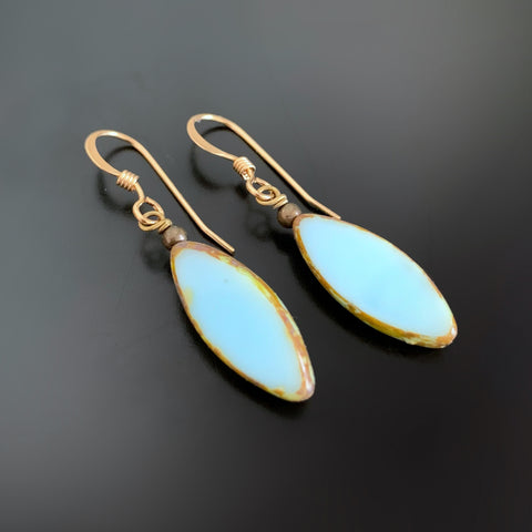 marquis shaped turquoise Czech glass earrings with gold accents