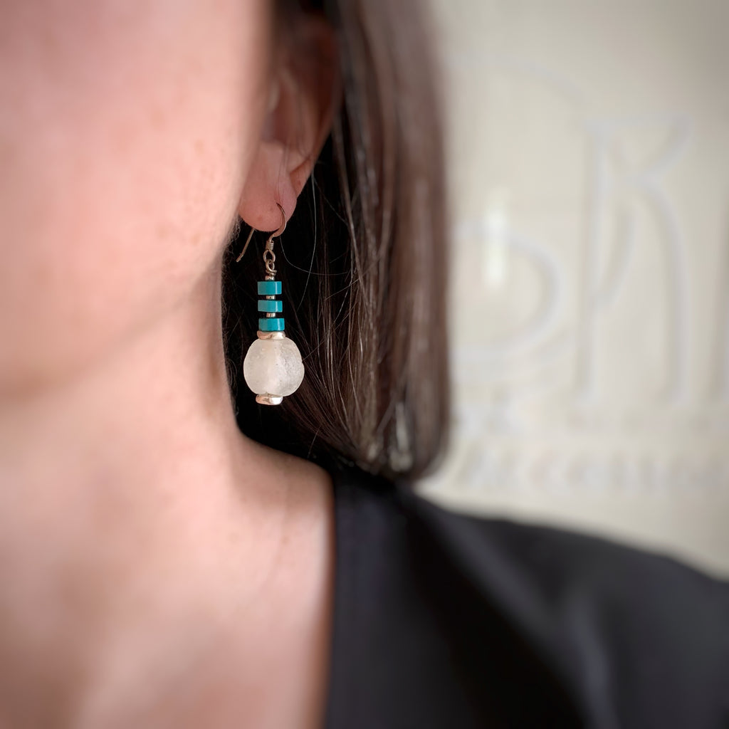 white African sand cast glass and turquoise beaded earrings