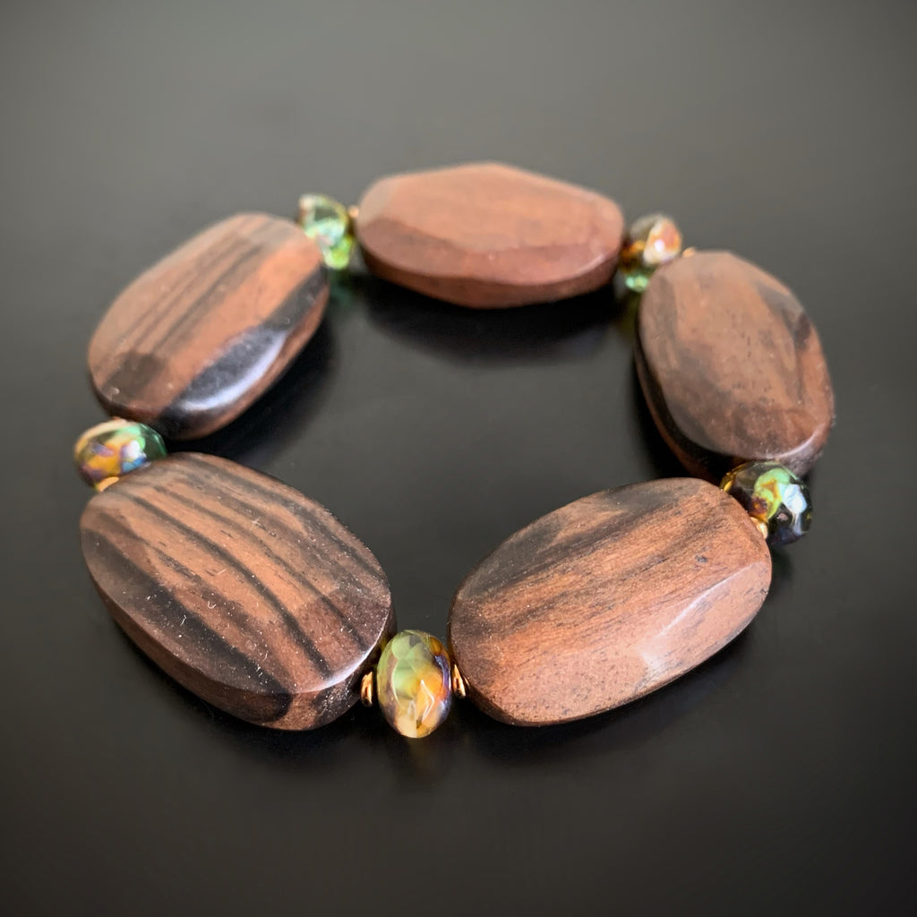green glass and wood nugget stretch bracelet